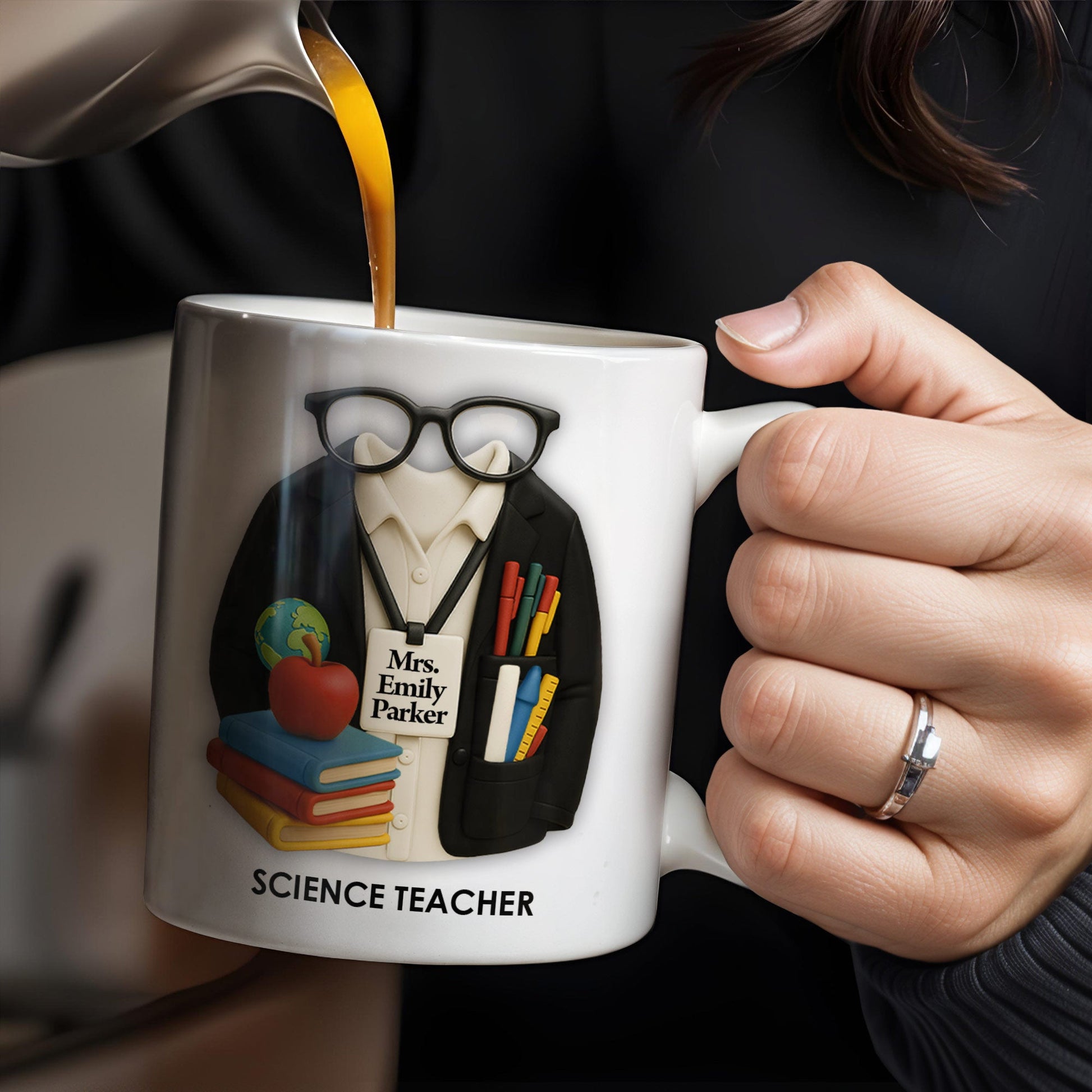 Personalized Teacher Coffee Mug - Featuring Glasses, Books, Apple, Markers & Lab Coat