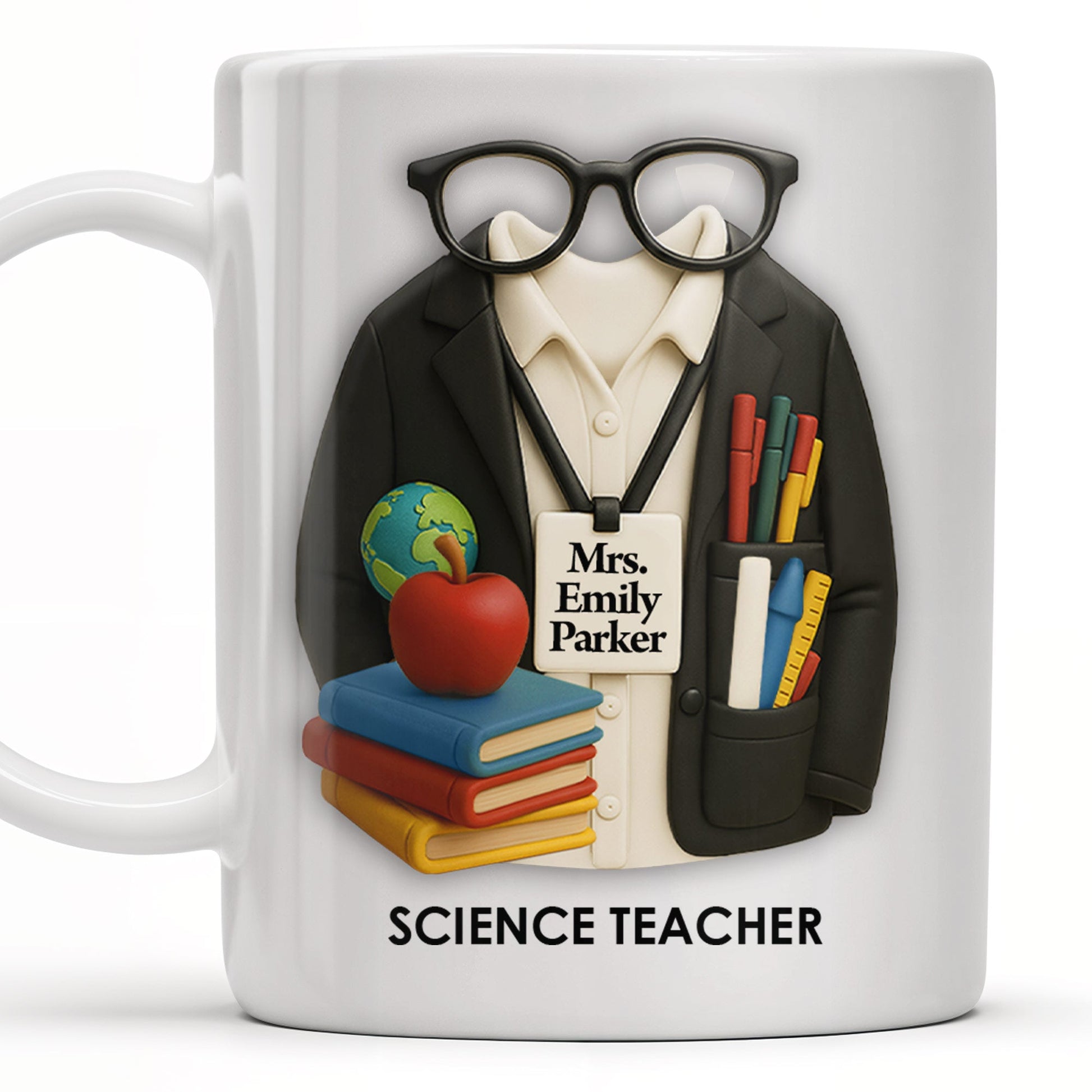Personalized Teacher Coffee Mug - Featuring Glasses, Books, Apple, Markers & Lab Coat