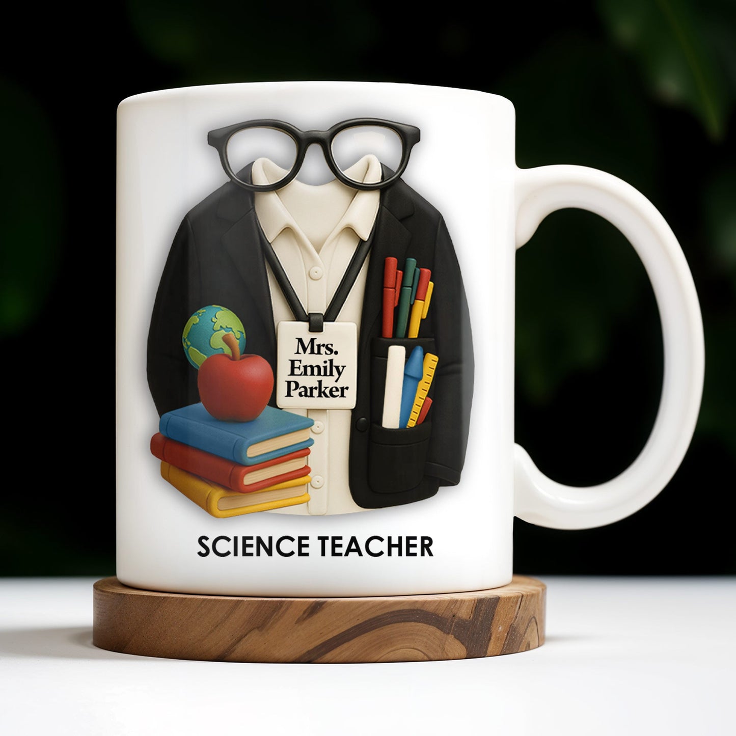 Personalized Teacher Coffee Mug - Featuring Glasses, Books, Apple, Markers & Lab Coat