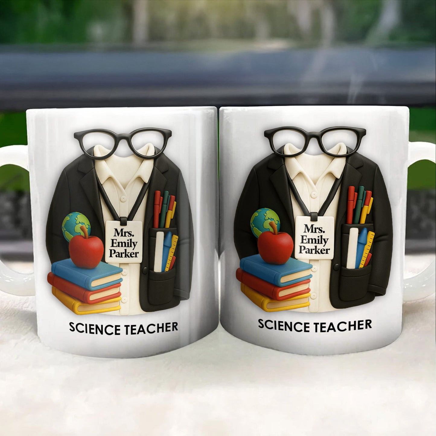 Personalized Teacher Coffee Mug - Featuring Glasses, Books, Apple, Markers & Lab Coat