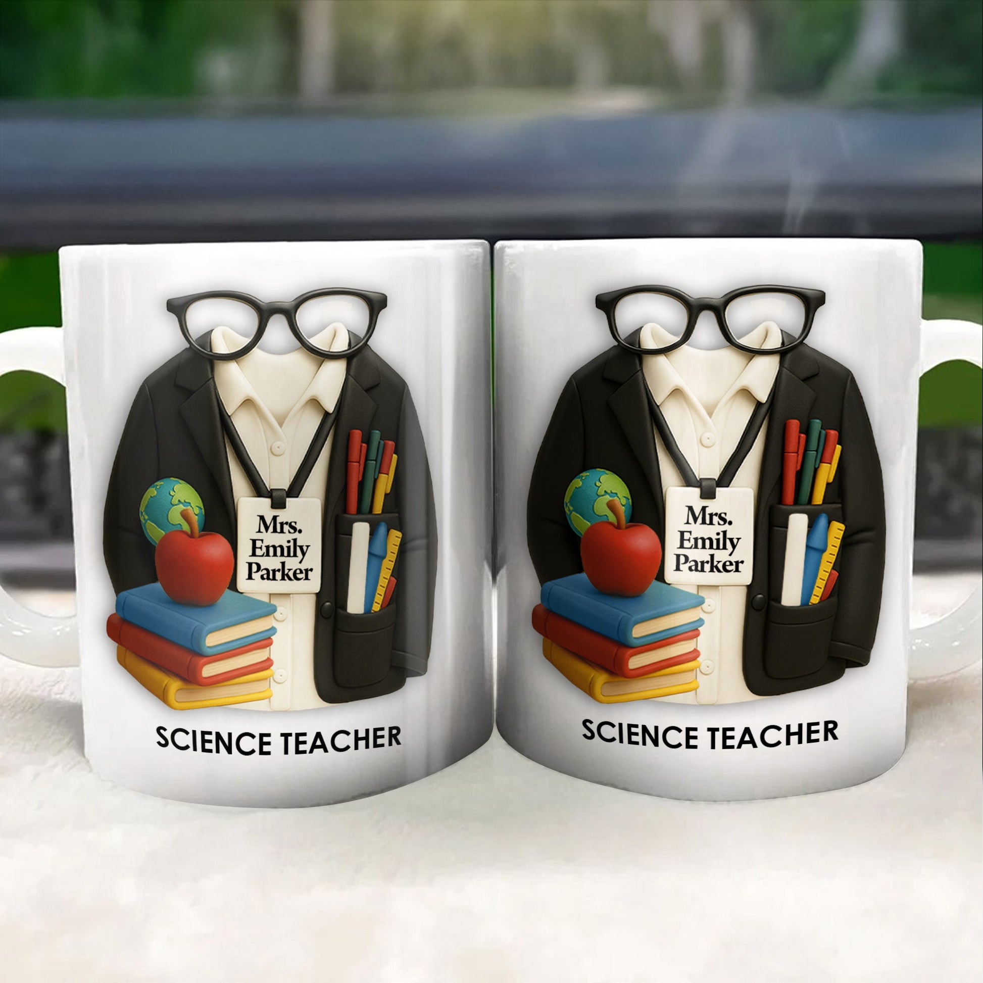 Personalized Teacher Coffee Mug - Featuring Glasses, Books, Apple, Markers & Lab Coat
