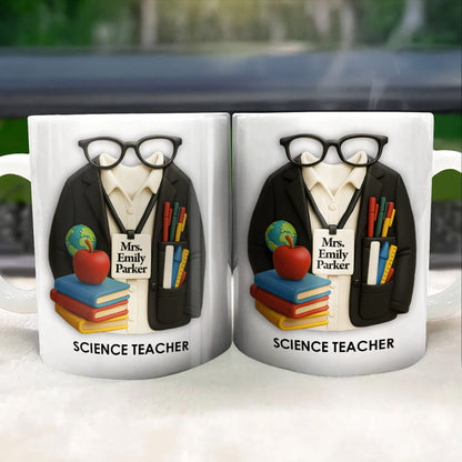 Personalized Teacher Coffee Mug - Featuring Glasses, Books, Apple, Markers & Lab Coat