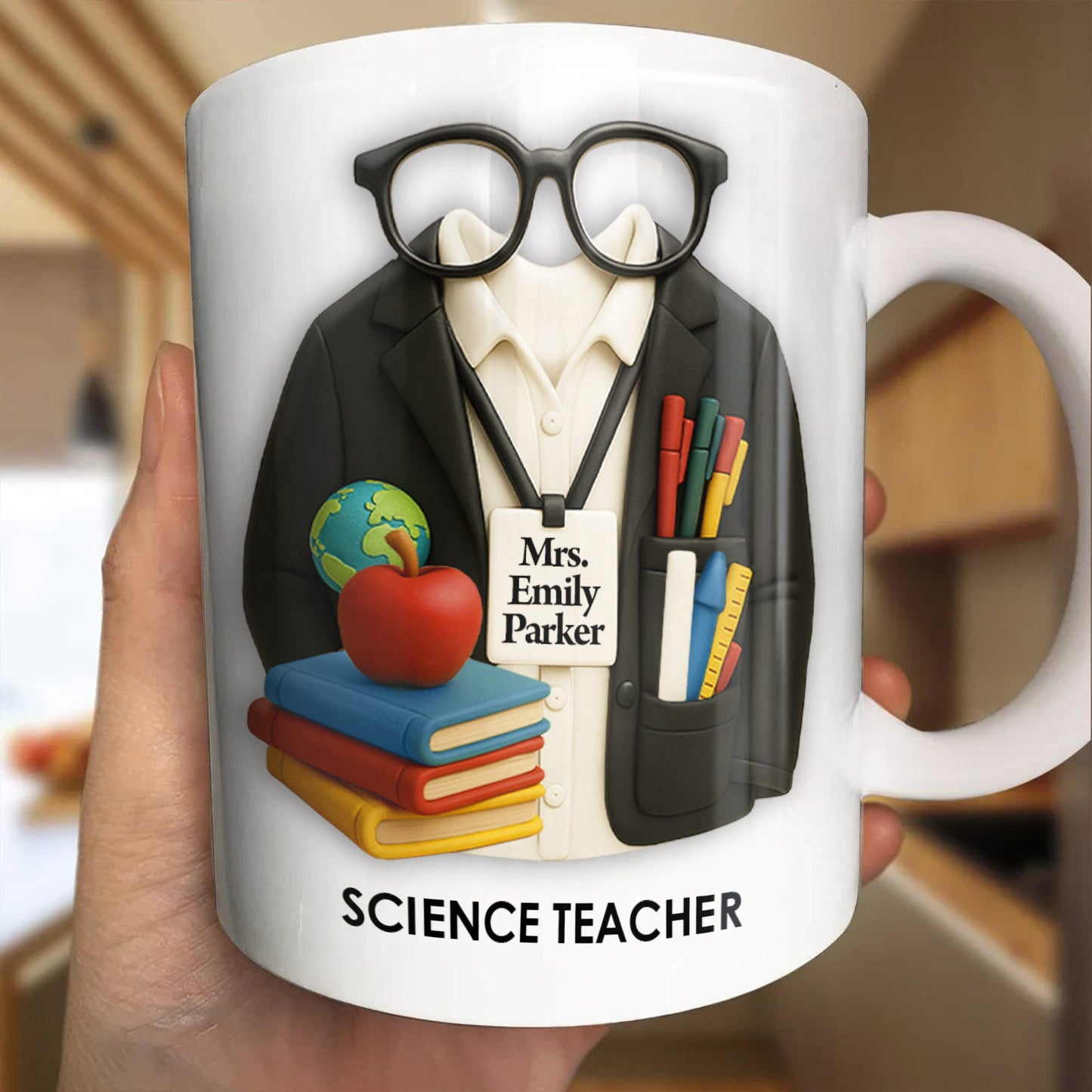 Personalized Teacher Coffee Mug - Featuring Glasses, Books, Apple, Markers & Lab Coat