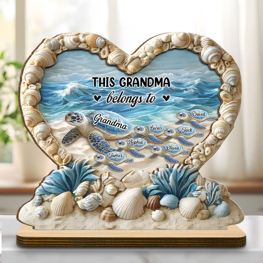 Personalized "This Grandma Belongs To" Sea Turtle Family Heart Shell Plaque – Custom 2-Layer Wood Decor with Family Names