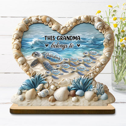 Personalized "This Grandma Belongs To" Sea Turtle Family Heart Shell Plaque – Custom 2-Layer Wood Decor with Family Names