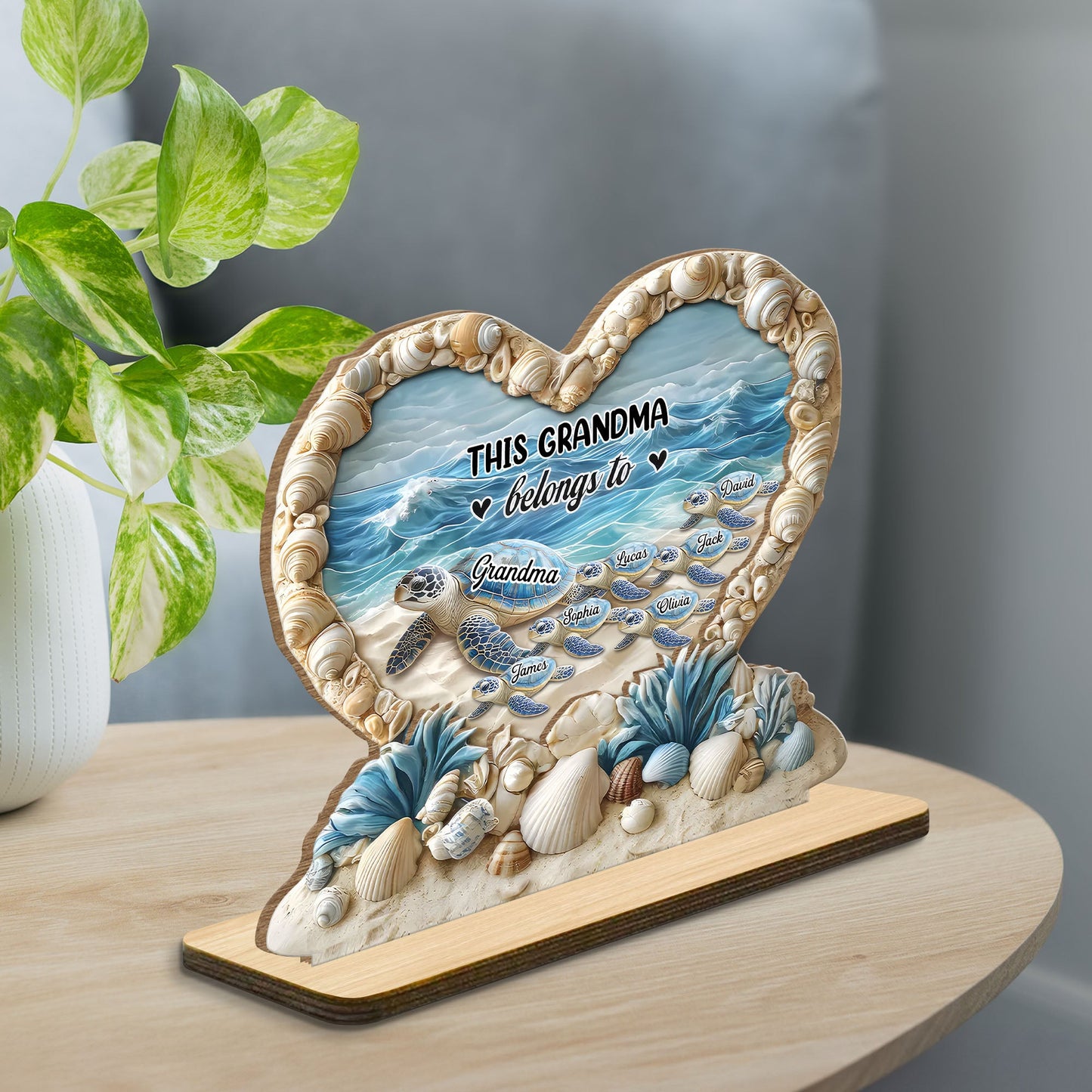 Personalized "This Grandma Belongs To" Sea Turtle Family Heart Shell Plaque – Custom 2-Layer Wood Decor with Family Names