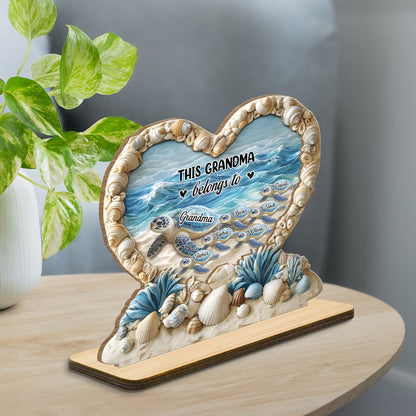Personalized "This Grandma Belongs To" Sea Turtle Family Heart Shell Plaque – Custom 2-Layer Wood Decor with Family Names