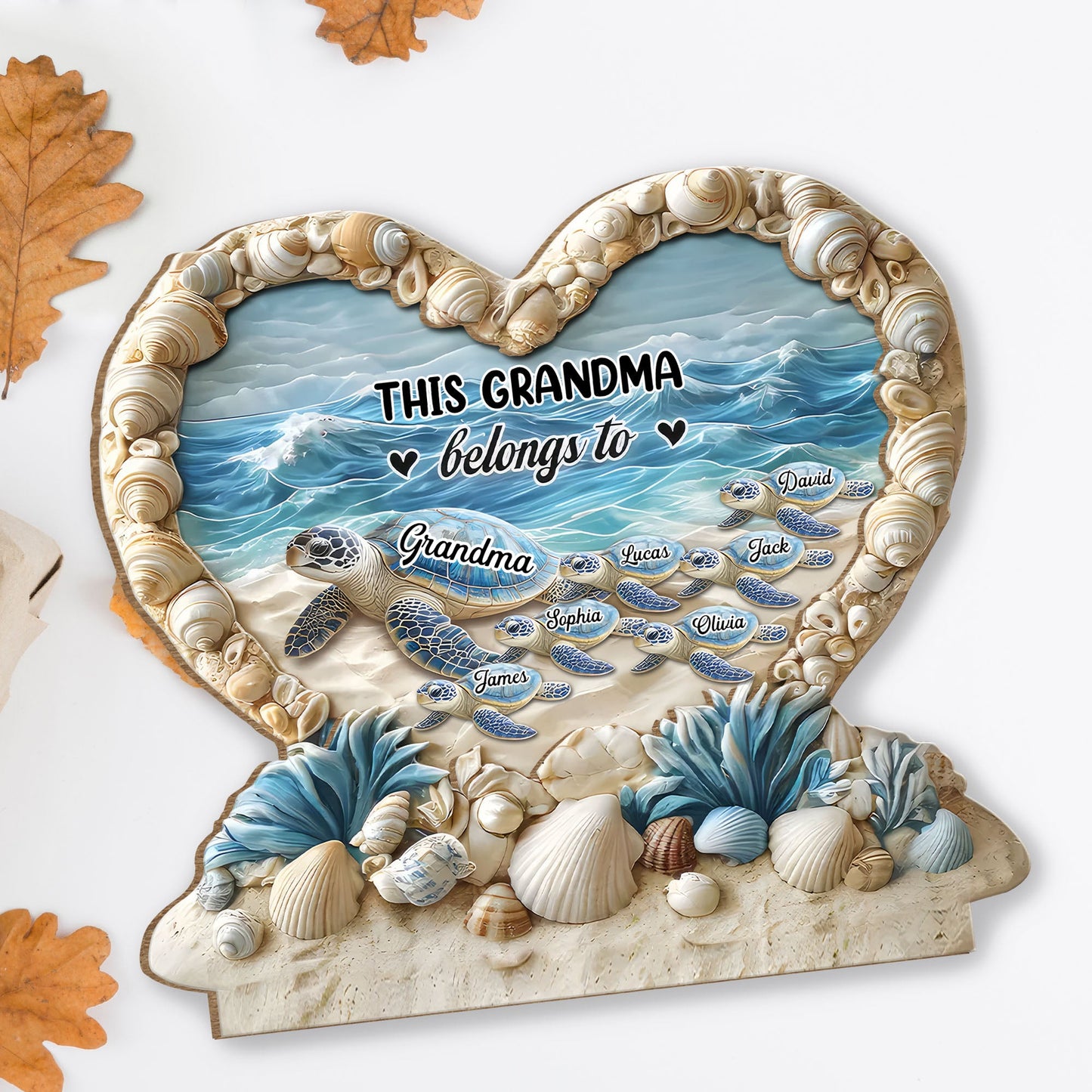 Personalized "This Grandma Belongs To" Sea Turtle Family Heart Shell Plaque – Custom 2-Layer Wood Decor with Family Names