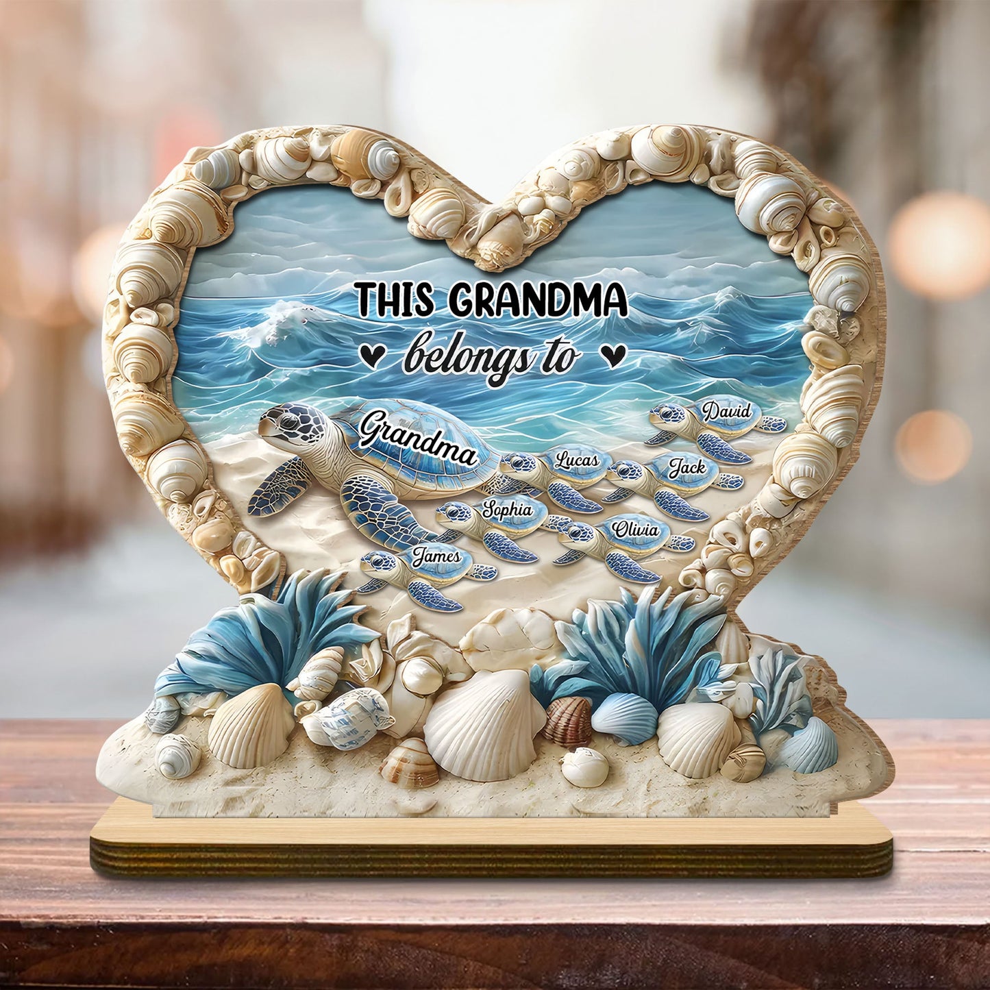 Personalized "This Grandma Belongs To" Sea Turtle Family Heart Shell Plaque – Custom 2-Layer Wood Decor with Family Names