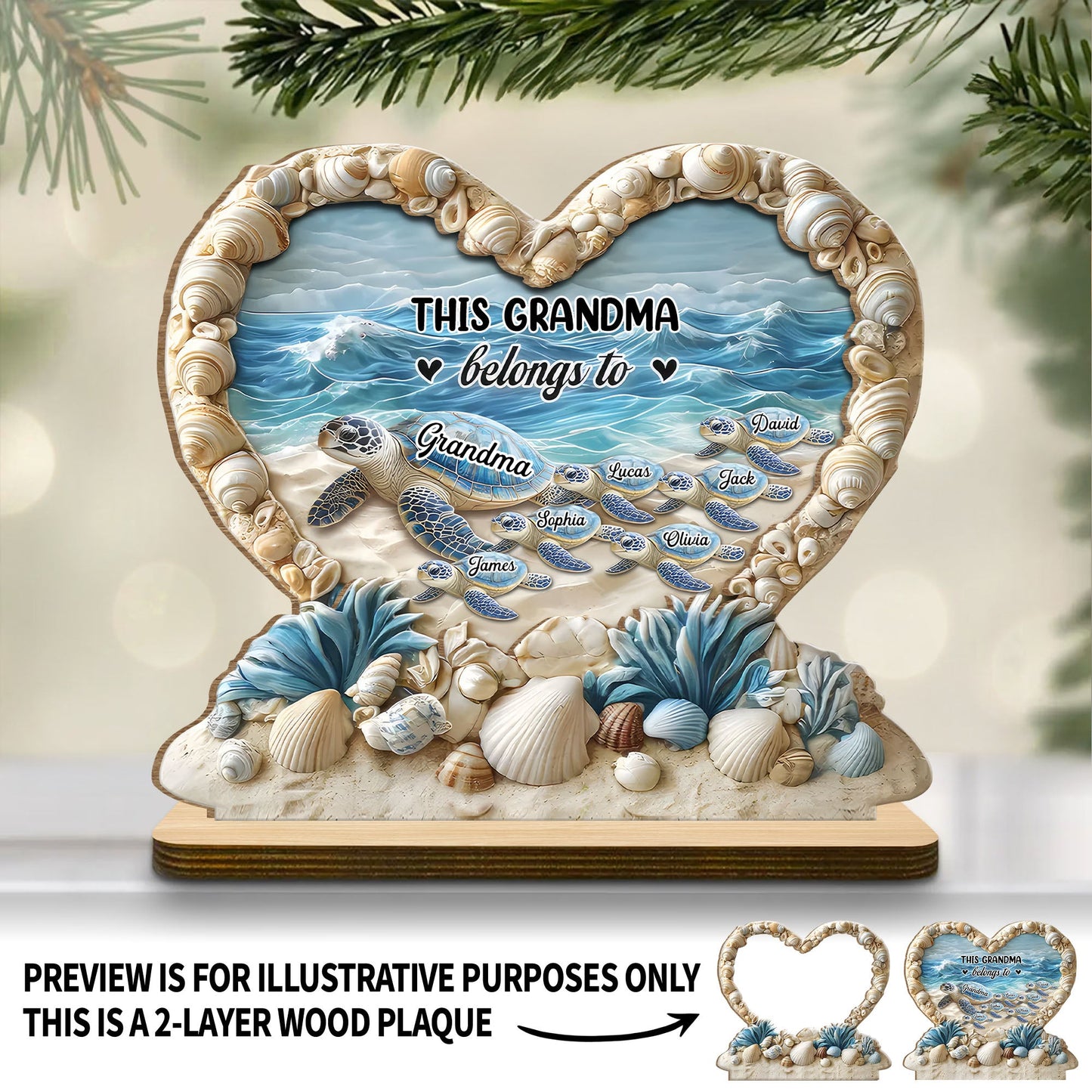 Personalized "This Grandma Belongs To" Sea Turtle Family Heart Shell Plaque – Custom 2-Layer Wood Decor with Family Names