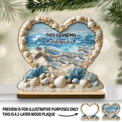 Personalized "This Grandma Belongs To" Sea Turtle Family Heart Shell Plaque – Custom 2-Layer Wood Decor with Family Names