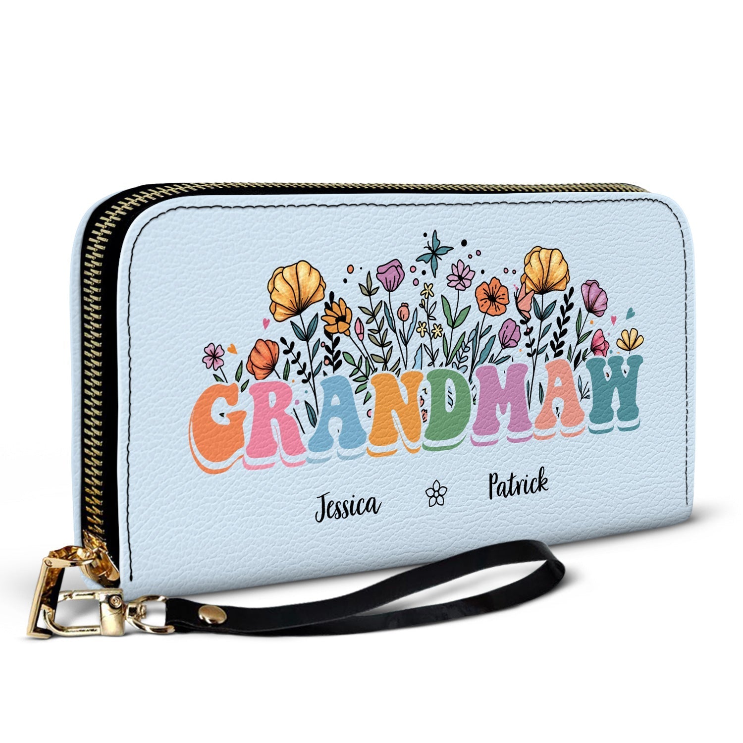 Personalized Floral Leather Long Wallet - Gift For Mother, Grandmother