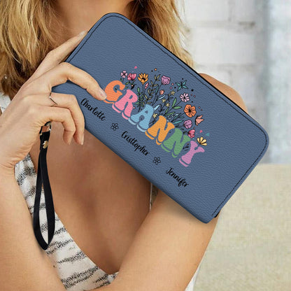 Personalized Floral Leather Long Wallet - Gift For Mother, Grandmother