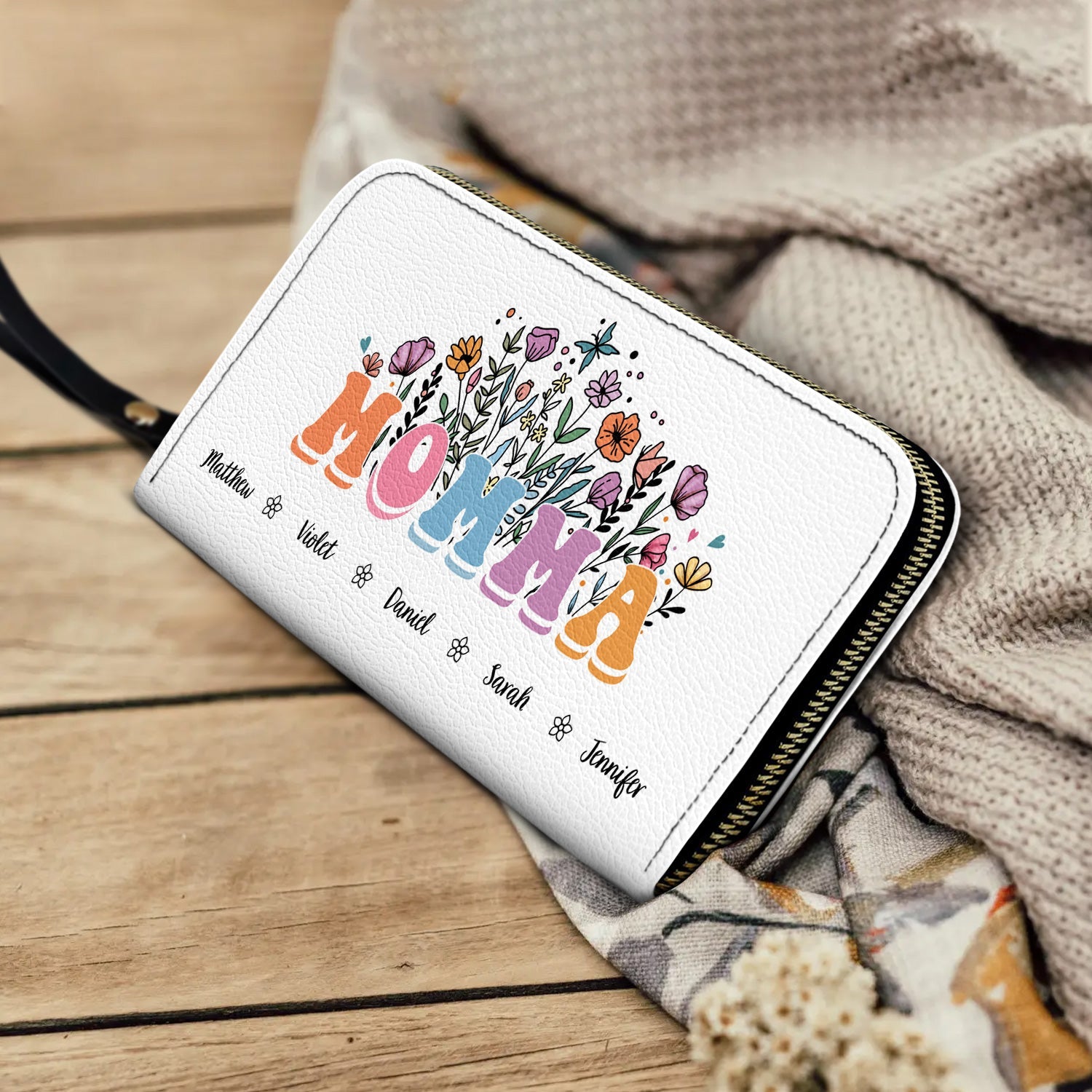 Personalized Floral Leather Long Wallet - Gift For Mother, Grandmother