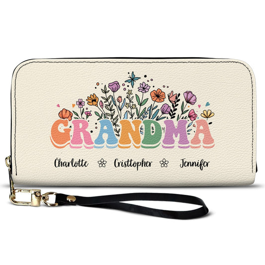 Personalized Floral Leather Long Wallet - Gift For Mother, Grandmother