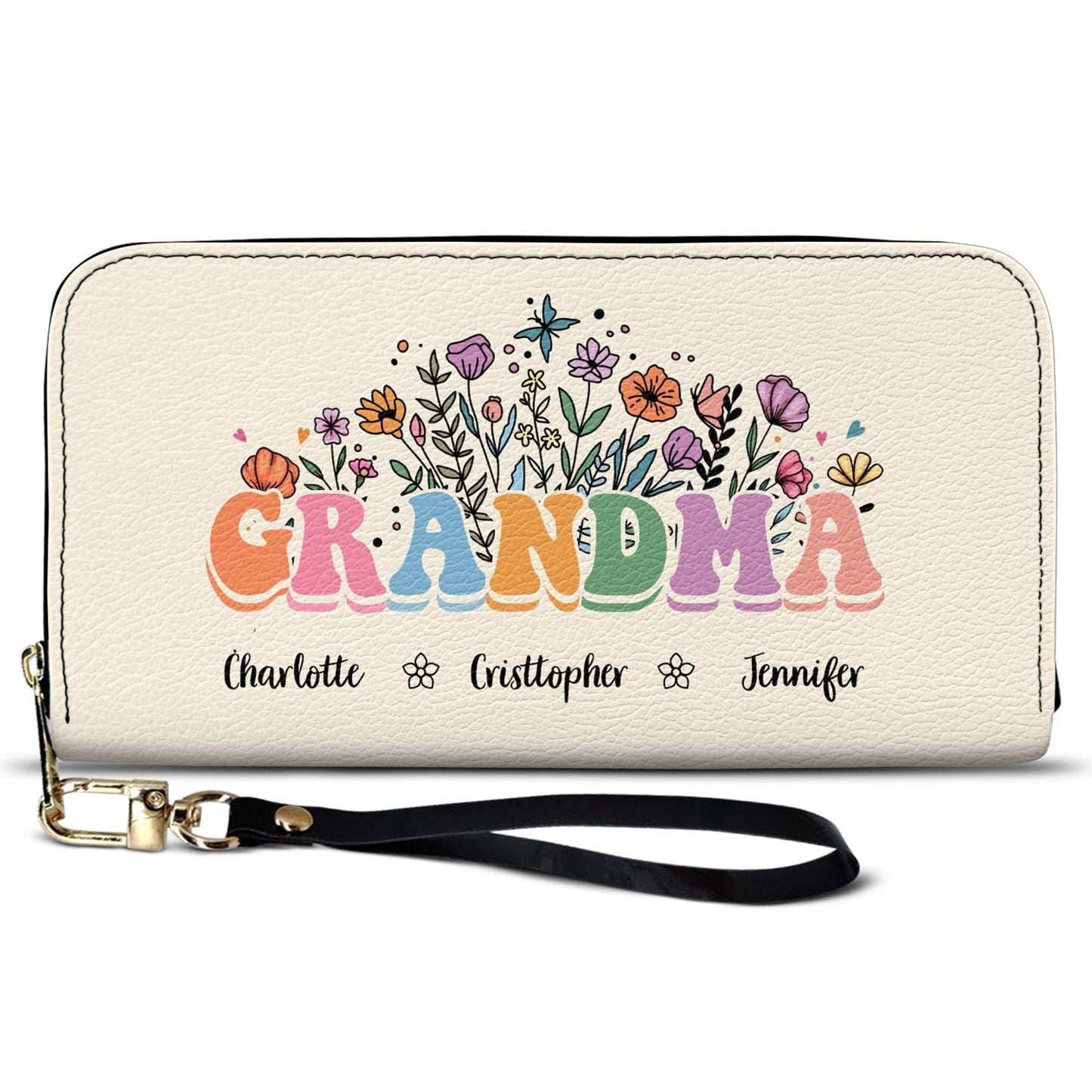Personalized Floral Leather Long Wallet - Gift For Mother, Grandmother