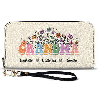 Personalized Floral Leather Long Wallet - Gift For Mother, Grandmother
