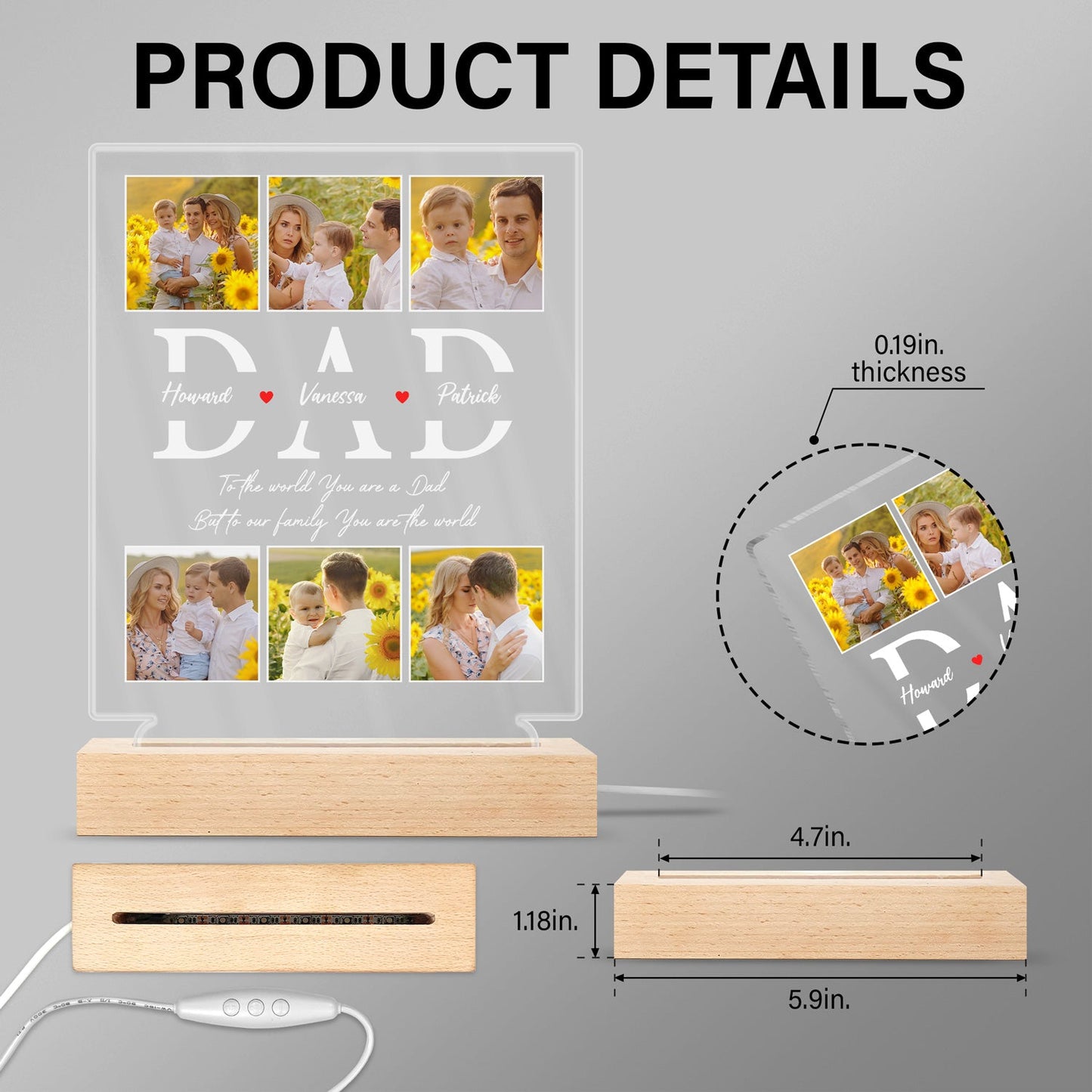 Custom Photo Dad To Our Family You Are The World - Gift For Father - Personalized 3D Led Light Wooden Base