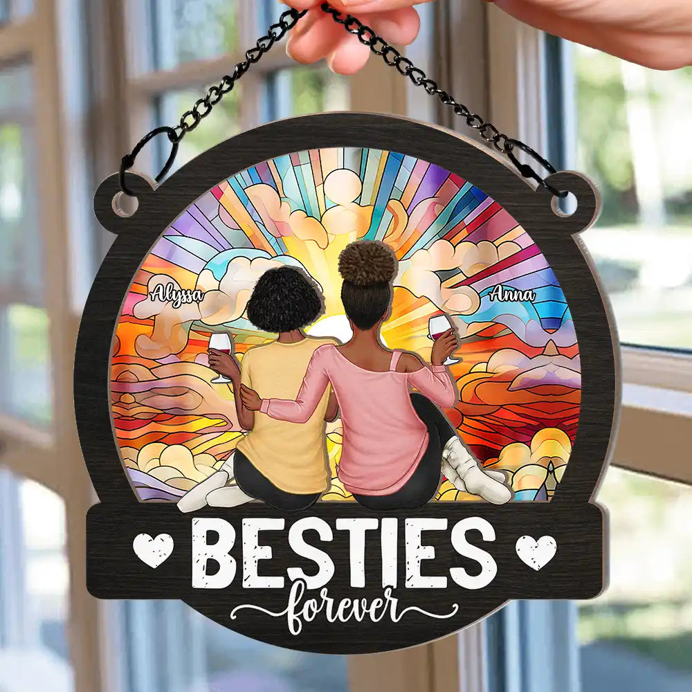 Besties Forever Sitting Together - Personalized Window Hanging Suncatcher Ornament