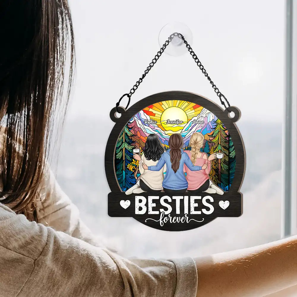 Besties Forever Sitting Together - Personalized Window Hanging Suncatcher Ornament