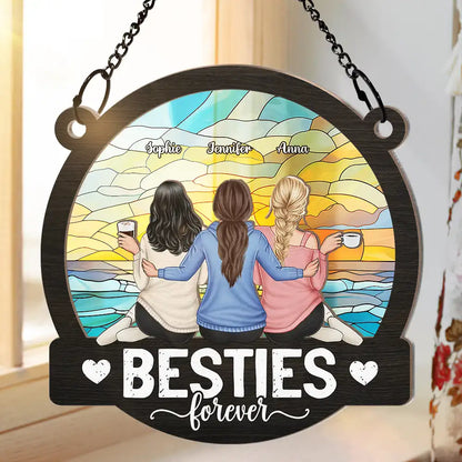 Besties Forever Sitting Together - Personalized Window Hanging Suncatcher Ornament