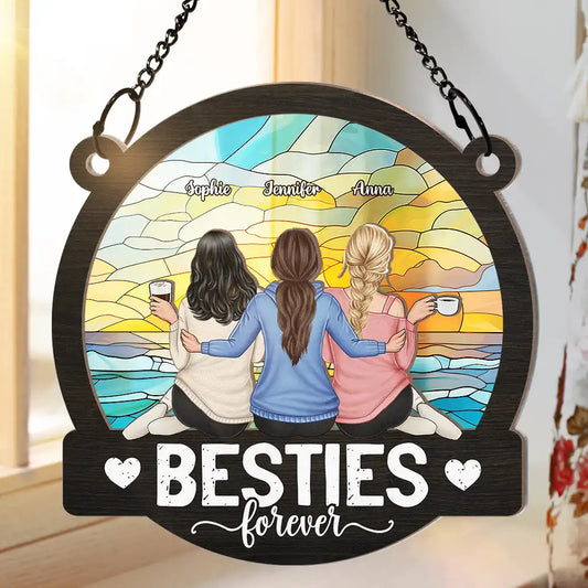 Besties Forever Sitting Together - Personalized Window Hanging Suncatcher Ornament