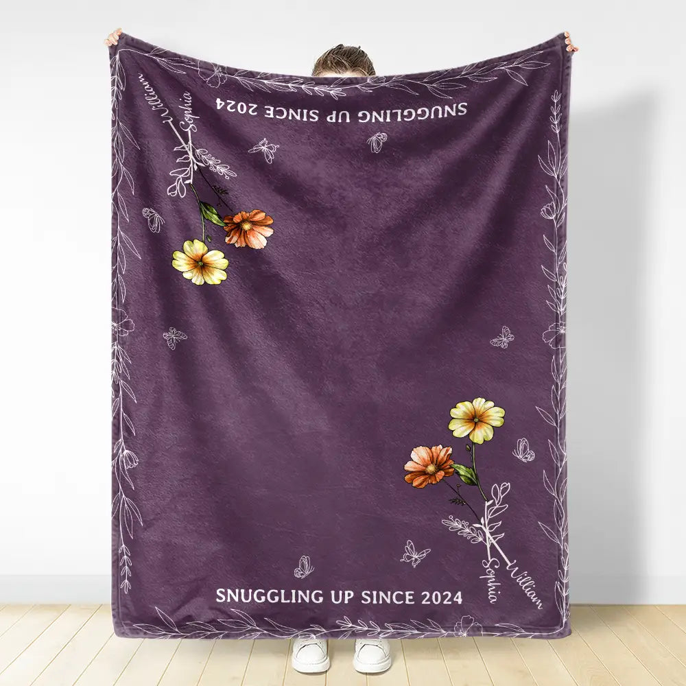 Love,Gift For Couples,Gift For Husband,Gift For Wife,Gift For Boyfriend,Gift For Girlfriend - Birth Flower Snuggling Up - Personalized Fleece Blanket, Sherpa Blanket