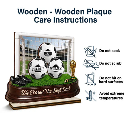 Personalized soccer dad plaque featuring custom names on footballs inside a goal net - custom Father's Day gift image 6