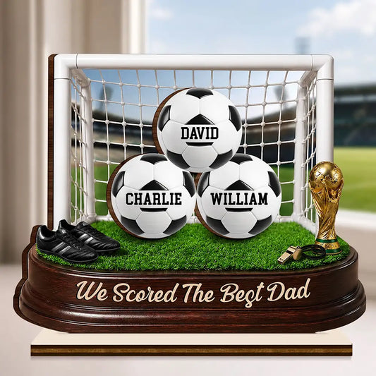 Personalized soccer dad plaque featuring custom names on footballs inside a goal net - custom Father's Day gift