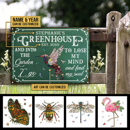 Custom garden metal sign featuring vibrant botanical greenhouse floral art and personalized text for outdoor wall decor.