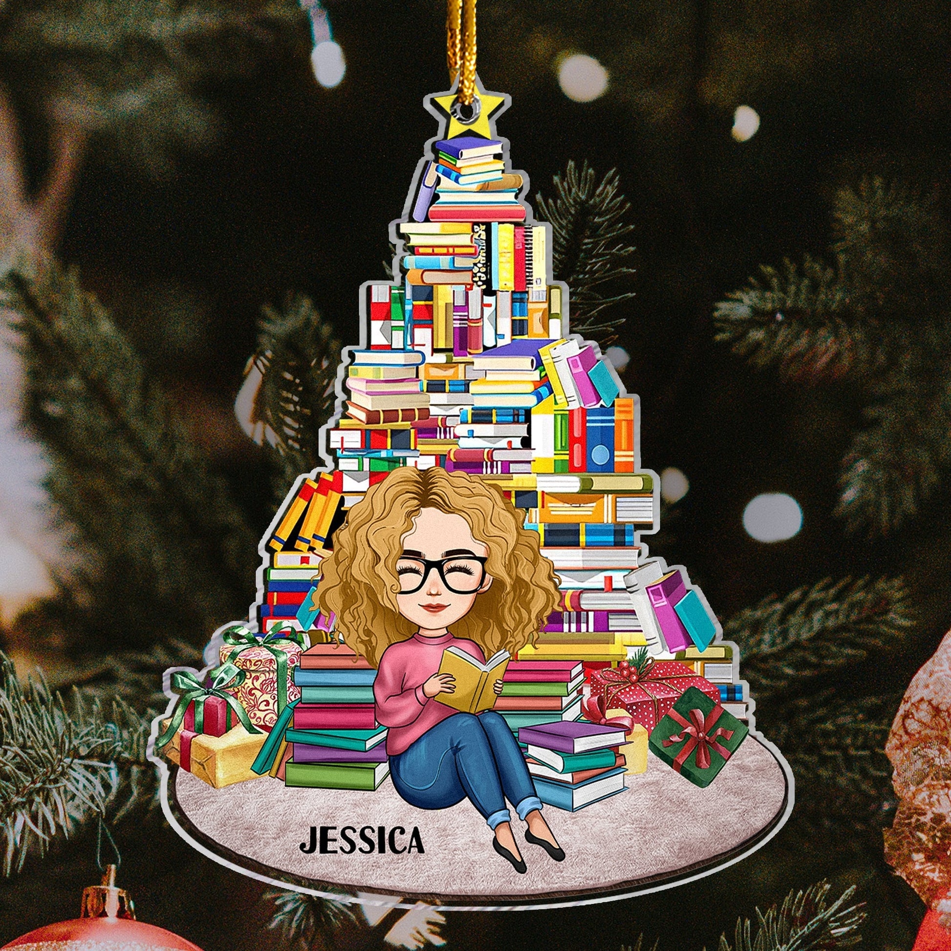 Girl Under Book Christmas Tree - Personalized Book Xmas Tree Shaped Acrylic Ornament