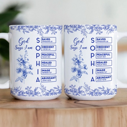 Personalized God Says I Am Mug - Custom Name Letter In Bible Birth Flower