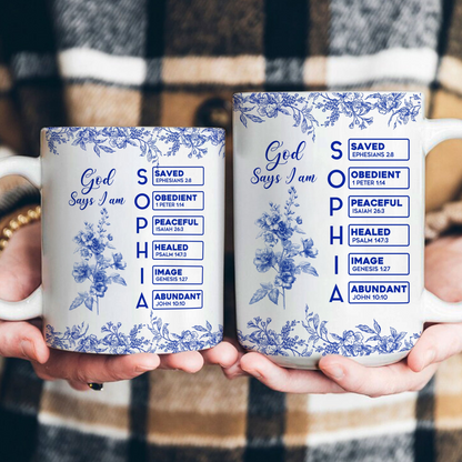 Personalized God Says I Am Mug - Custom Name Letter In Bible Birth Flower