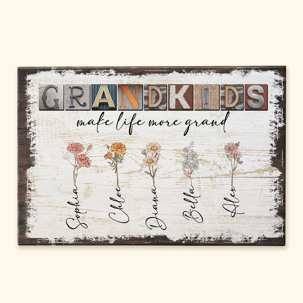 Personalized Grandparents Canvas: 'Grandkids Make Life More Grand' with Birth Flowers