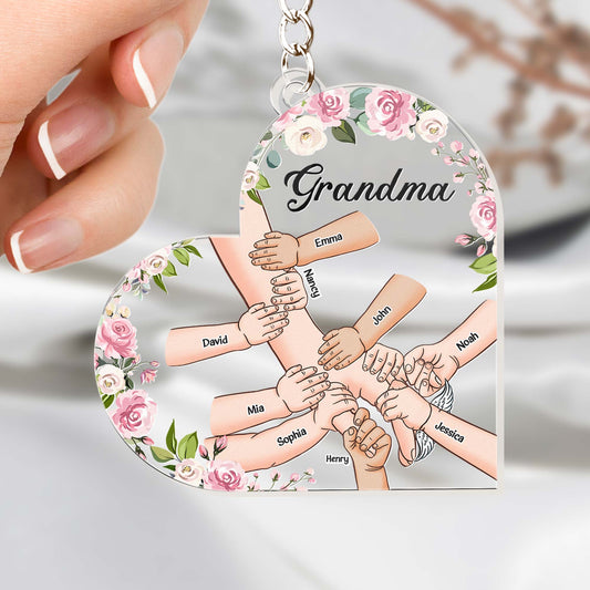 Grandma Holding Hand With Grandkids - Personalized Acrylic Keychain