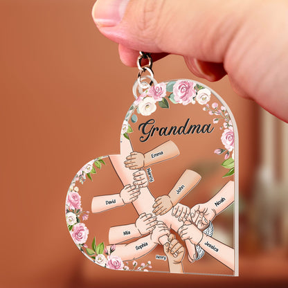 Grandma Holding Hand With Grandkids - Personalized Acrylic Keychain