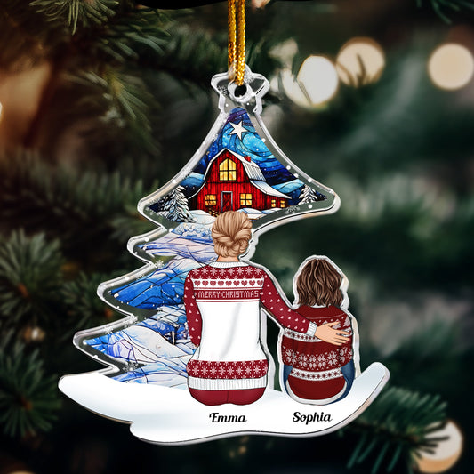 Grandma & Grandkids Sitting Under Christmas Tree - Personalized Acrylic Ornament