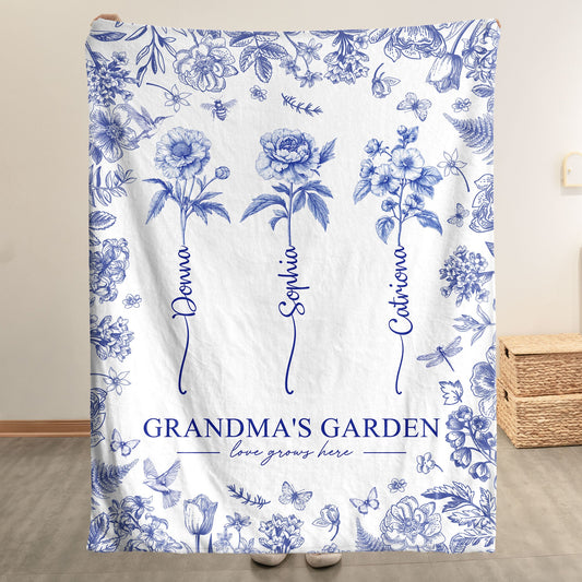 Grandma's Garden - Personalized Custom Kids Birth Flower Toile De Jouy Blanket