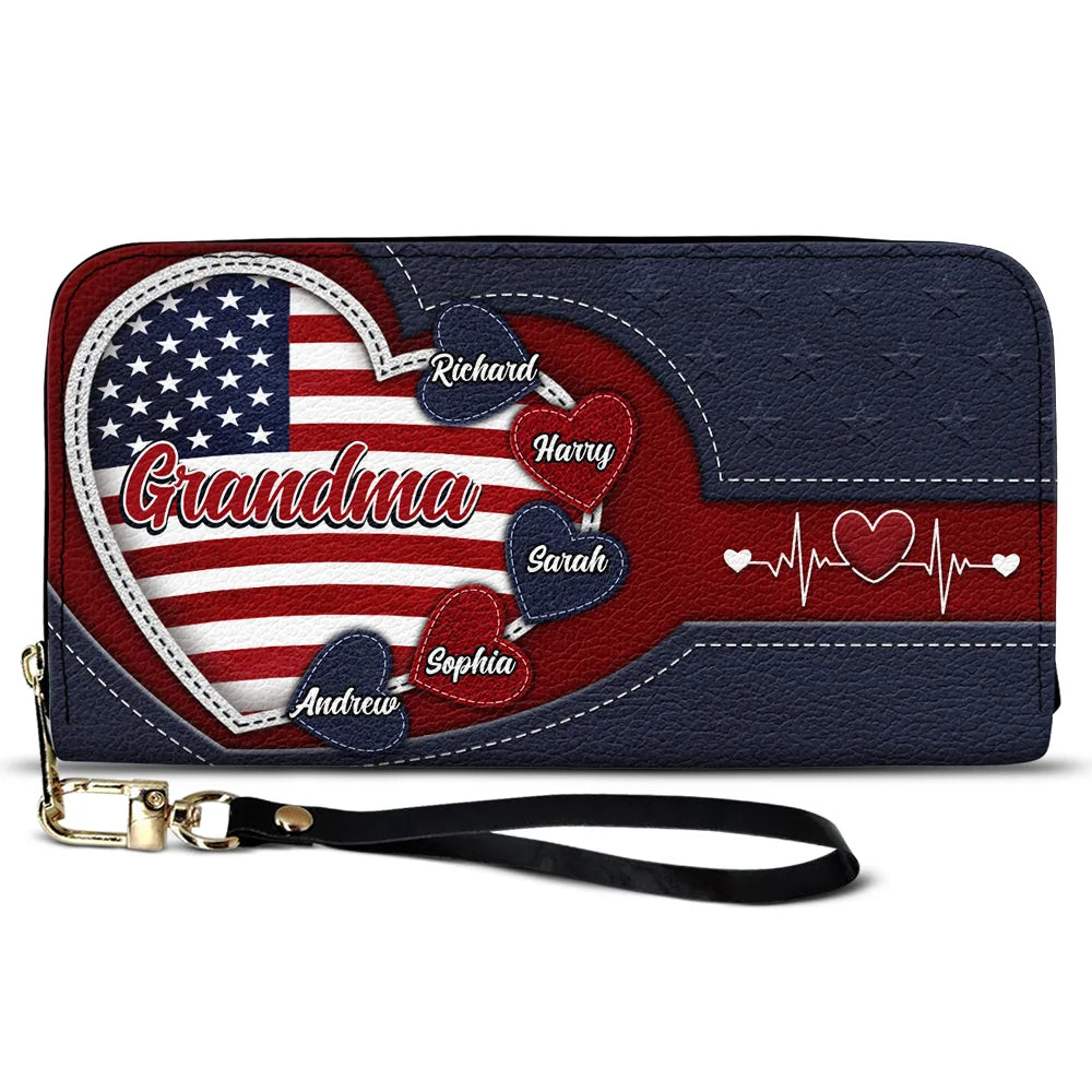 Gift For Mother,Gift For Grandma,Gift For Wife,Independence Day,Happy - Grandma's Little Sweethearts US Flag - Personalized Leather Long Wallet