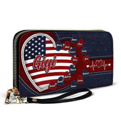 Gift For Mother,Gift For Grandma,Gift For Wife,Independence Day,Happy - Grandma's Little Sweethearts US Flag - Personalized Leather Long Wallet
