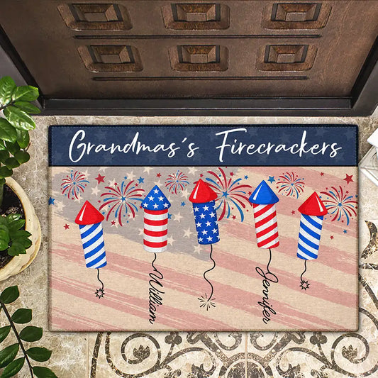 Independence Day, Gift For Grandpa, Gift For Grandma - Grandpa Grandma Firecrackers America Fireworks - Personalized Doormat