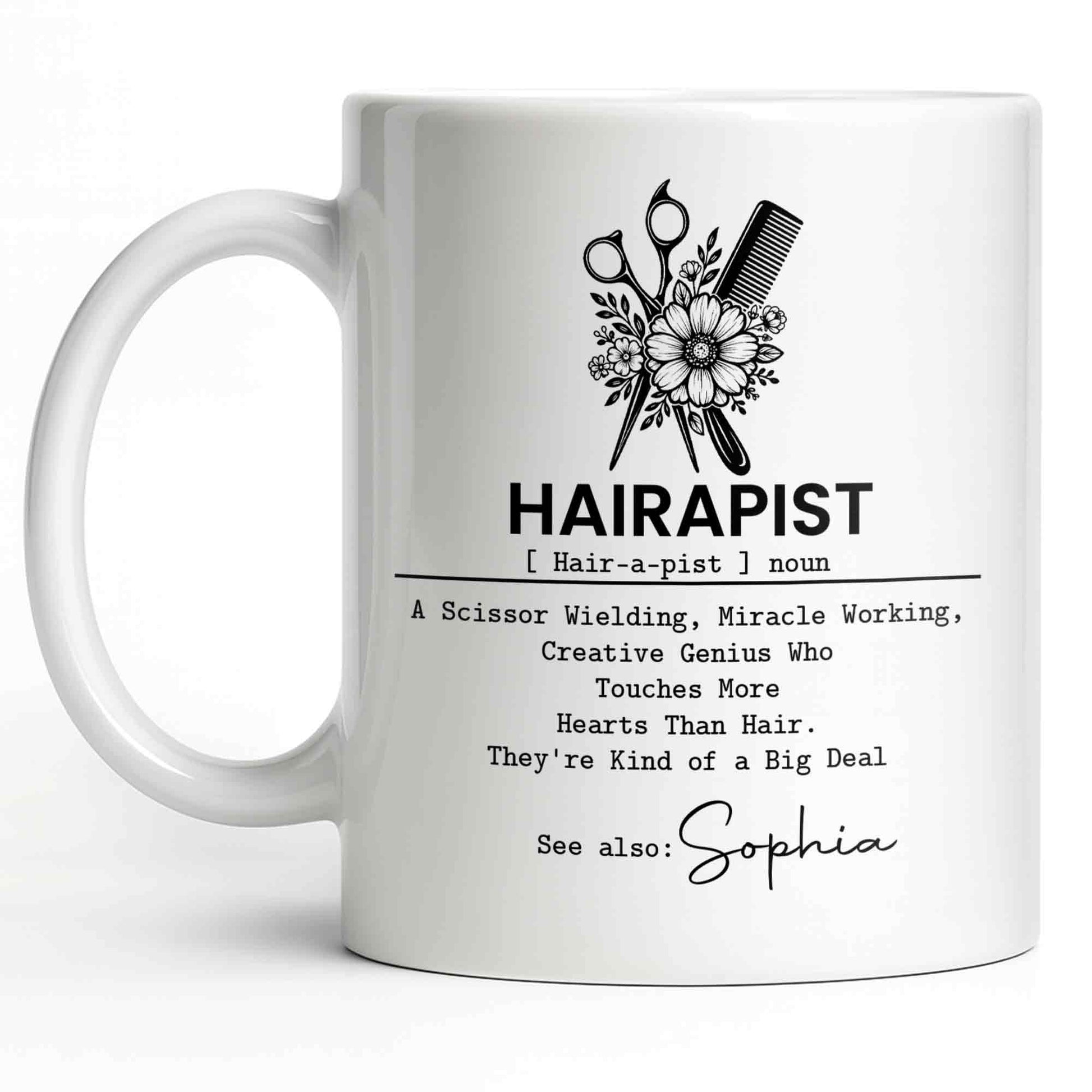 Personalized hair stylist mug featuring a floral scissor and comb graphic with a custom name option for hairdressers image 8