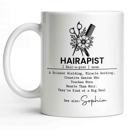 Personalized hair stylist mug featuring a floral scissor and comb graphic with a custom name option for hairdressers image 8