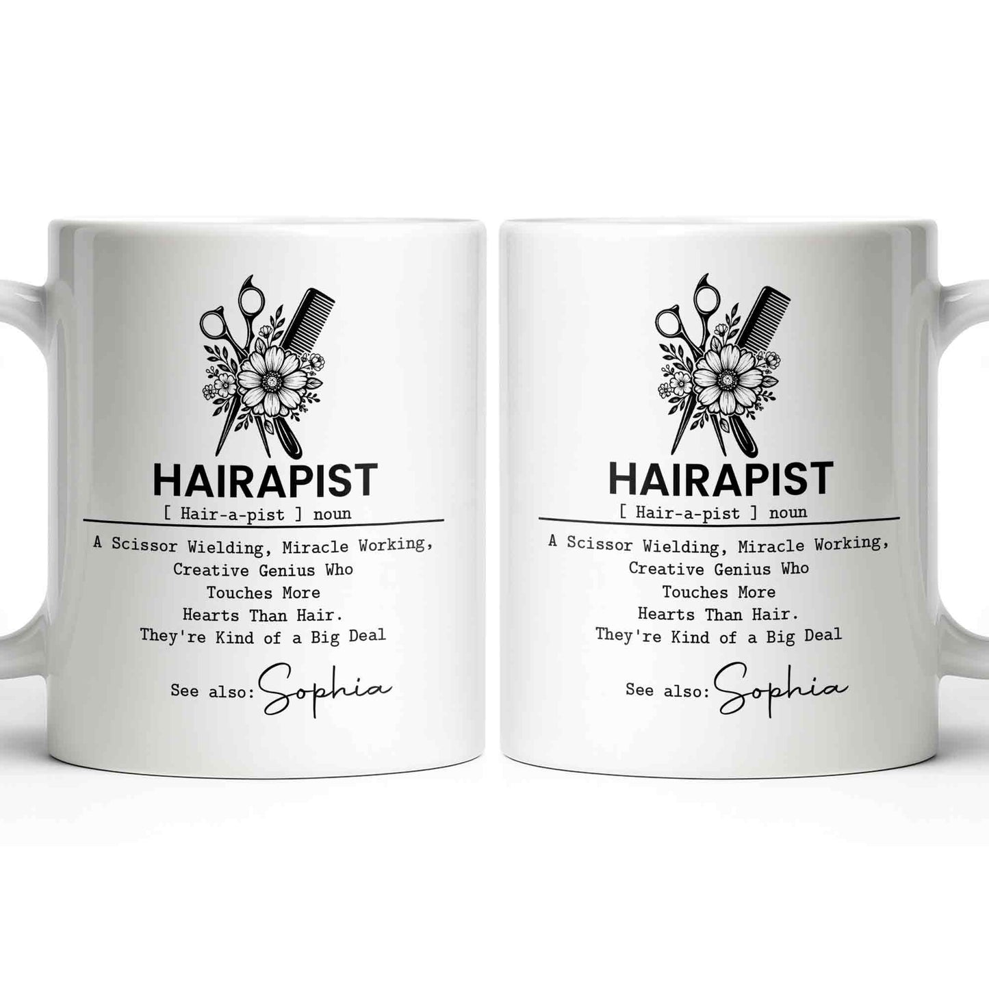 Personalized hair stylist mug featuring a floral scissor and comb graphic with a custom name option for hairdressers image 9