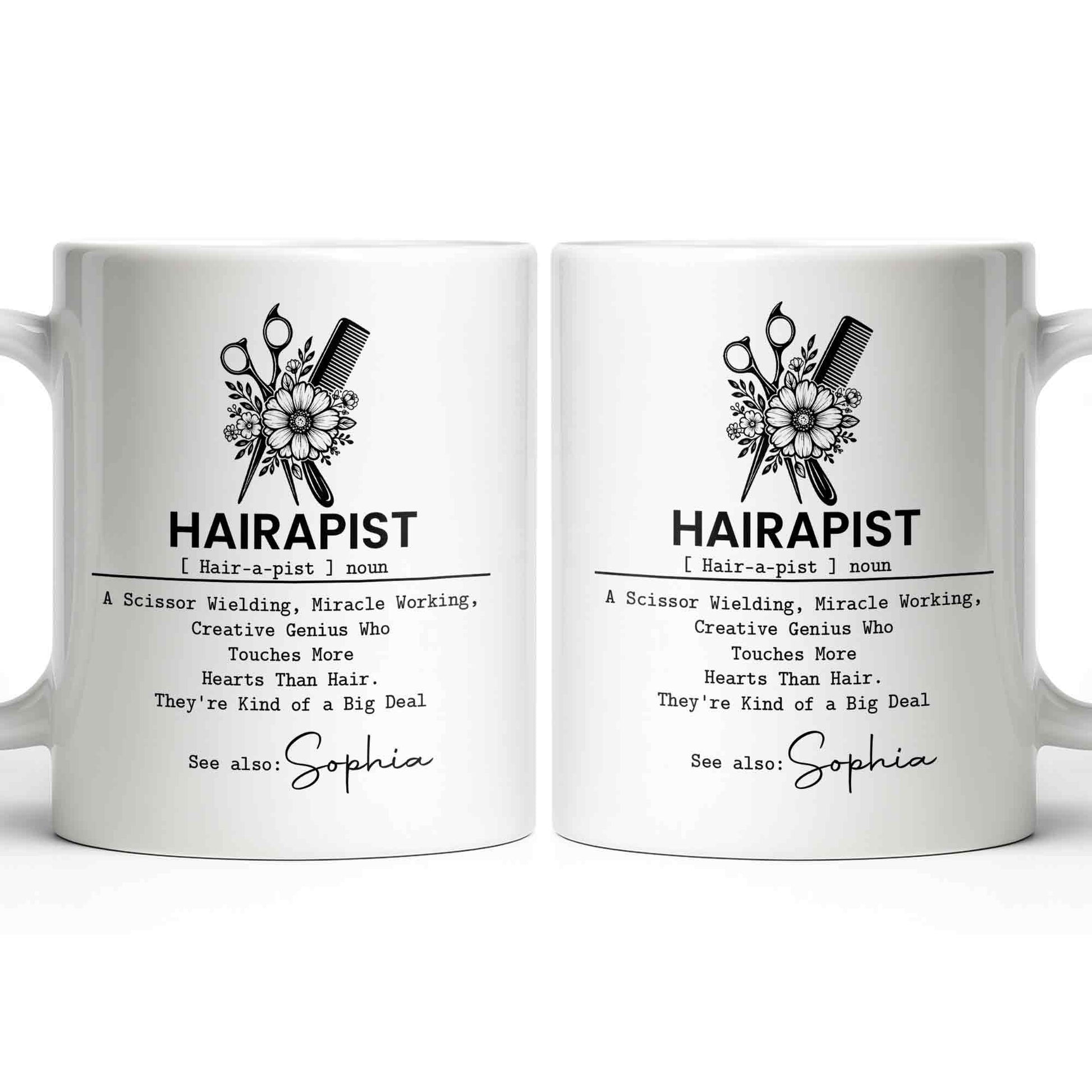 Personalized hair stylist mug featuring a floral scissor and comb graphic with a custom name option for hairdressers image 9