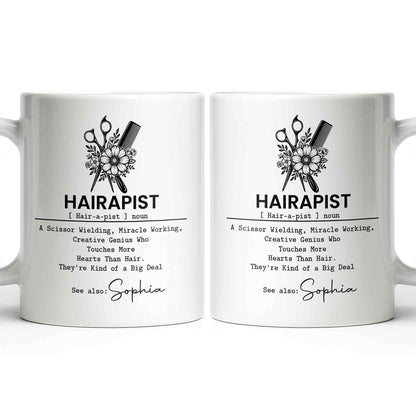 Personalized hair stylist mug featuring a floral scissor and comb graphic with a custom name option for hairdressers image 9