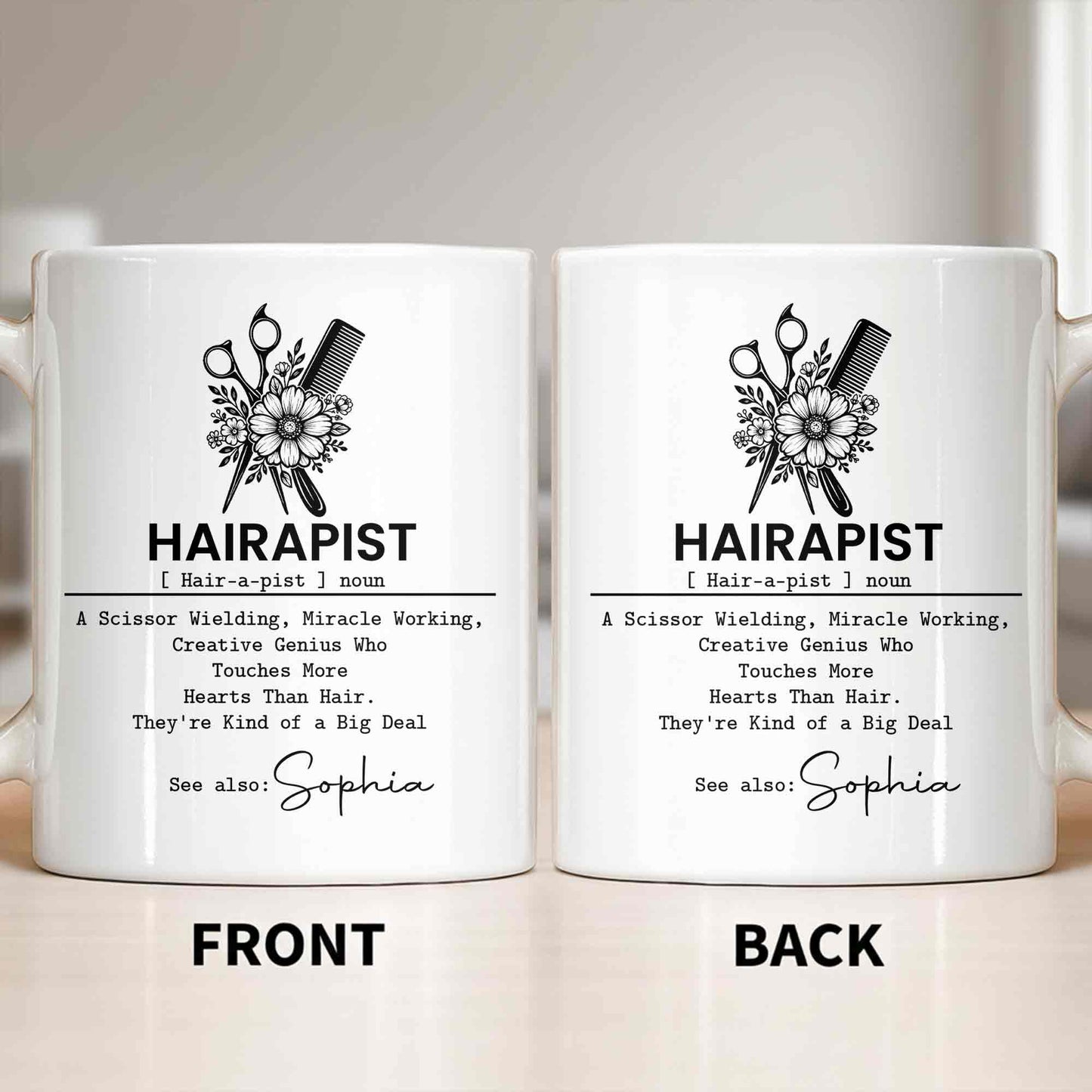 Personalized hair stylist mug featuring a floral scissor and comb graphic with a custom name option for hairdressers image 6