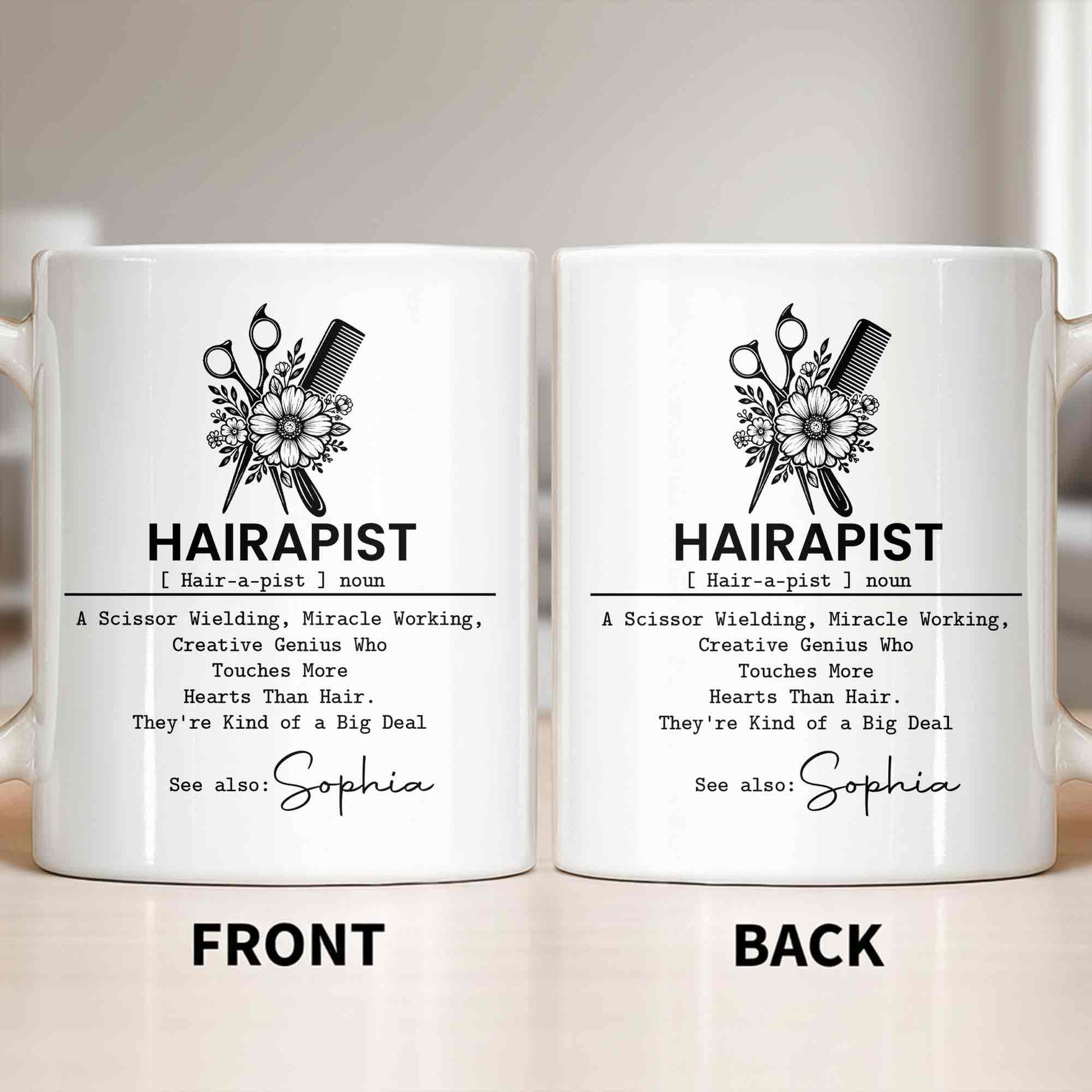 Personalized hair stylist mug featuring a floral scissor and comb graphic with a custom name option for hairdressers image 6