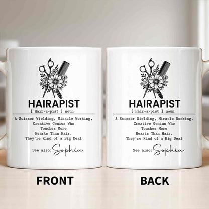 Personalized hair stylist mug featuring a floral scissor and comb graphic with a custom name option for hairdressers image 6