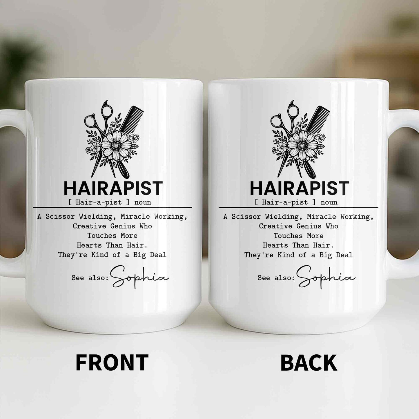 Personalized hair stylist mug featuring a floral scissor and comb graphic with a custom name option for hairdressers image 7
